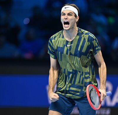 Turin (Italy), 17/11/2022.- Taylor Fritz of USA celebrates after winning the match against Felix Auger-Aliassime during the Nitto ATP Finals 2022 tennis tournament at the Pala Alpitour arena in Turin, Italy, 17 November 2022. (Tenis, Italia, Estados Unidos) EFE/EPA/ALESSANDRO DI MARCO