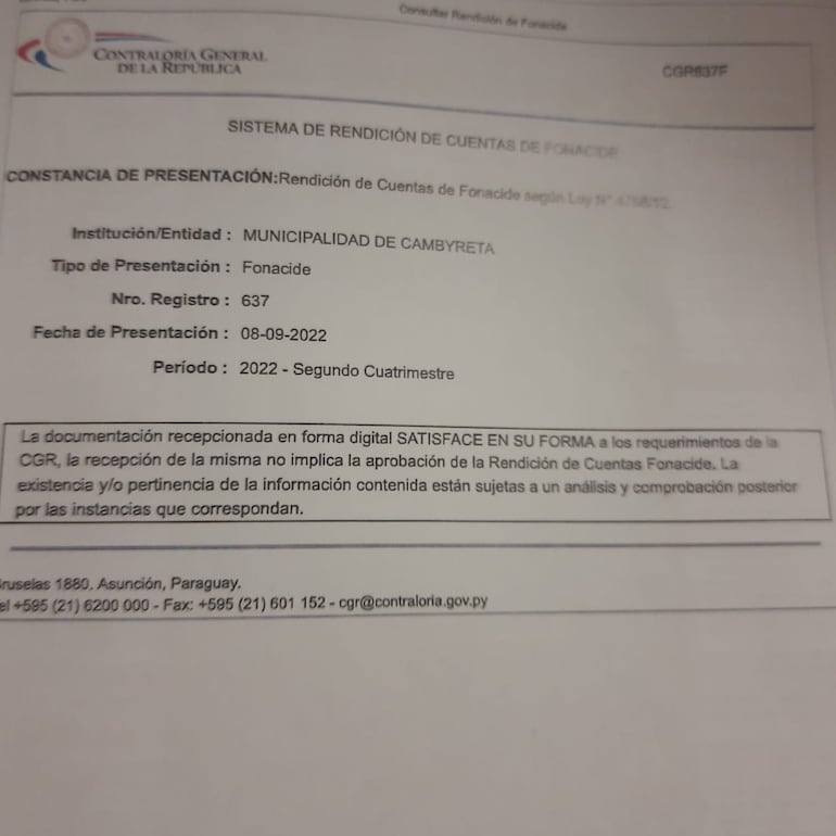 Constancia de presentación entregada por la Contraloría a Javier Pereira.