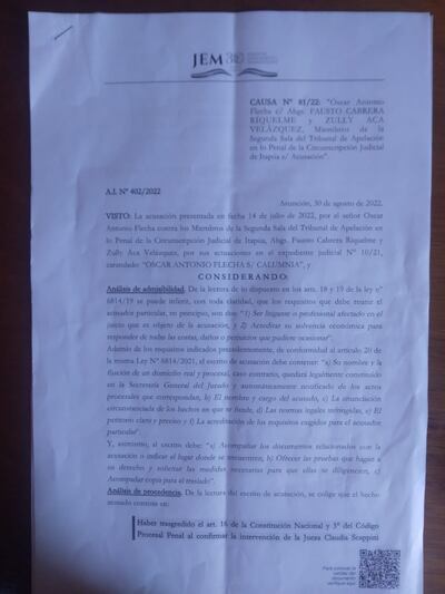 La resolución del JEM en la que admite la denuncia promovida contra los miembros del Tribunal de Apelación, Segunda Sala, de Encarnación.