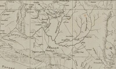 Mapa en el que se trazan los itinerarios misioneros de Félix de Azara (Ca. 1799), Biblioteca Virtual de Defensa