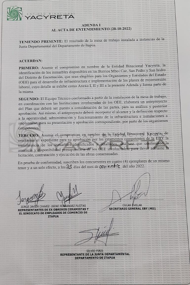 Acta de entendimiento de fecha 20 de octubre de 2022. Los ex oleros y ex empleados de comercio denuncian su incumplimiento.