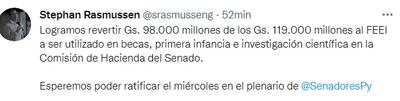 Anuncio del senador Rasmussen en donde se comunica la reversión de G. 98.000 millones del FEEI.