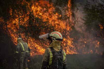 Bomberos forestales realizan labores de extinción en el incendio forestal en la localidad de O Barco de Valdeorras. El fuego se inició en el municipio de Carballeda de Valdeorras pero se ha propagado hasta afectar al municipio de O Barco de Valdeorras tras calcinar por el momento 2.400 hectáreas.
