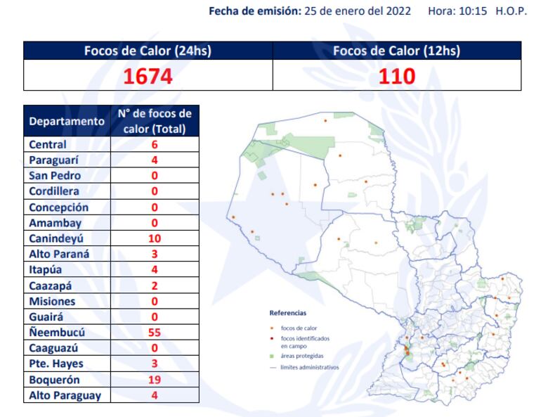 Focos de calor por departamento. (captura de pantalla).