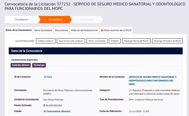 En el portal de Contrataciones Públicas  se publicó la licitación para la contratación  de seguro médico y odontológico del MOPC, por G. 96.000 millones.