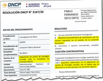 Resolución de la DNCP por la cual se anuló la compra de columnas sobrefacturadas para ANDE.