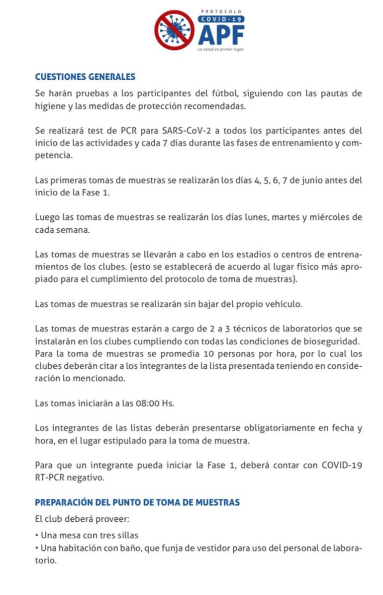 El departamento médico de la APF informó el mecanismo del test de covid-19.