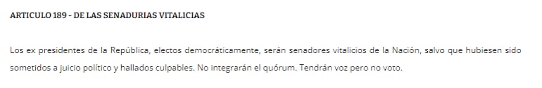 Artículo 189 de la Constitución Nacional sobre las senadurías vitalicias.