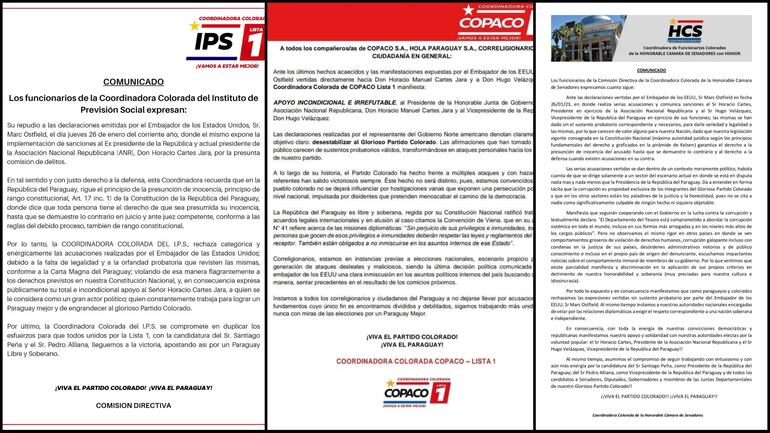 Comunicados de "coordinadoras coloradas" en diversas instutuciones.