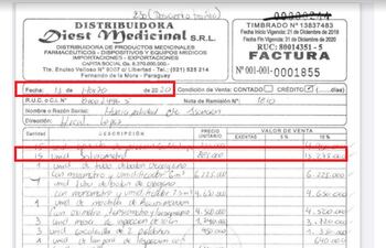 Factura que demuestra la compra de saturómetros el 13 de marzo del año pasado, apenas dos días después de la declaración de emergencia sanitaria por el COVID-19 en Paraguay.