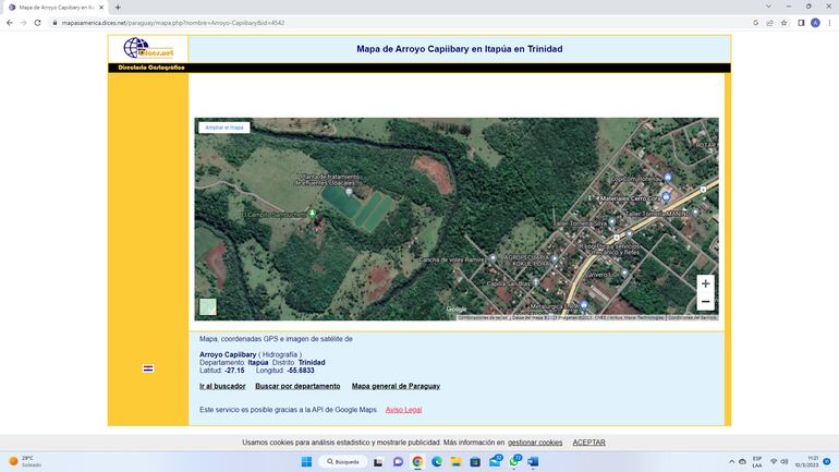 Ubicación geográfica del arroyo Capi'ibary,  en Itapua, y la planta de tratamiento de efluentes.