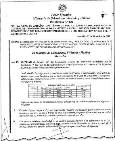 Facsímil de la resolución con la cual el ministro Dany Durand establece precio más alto para casas.