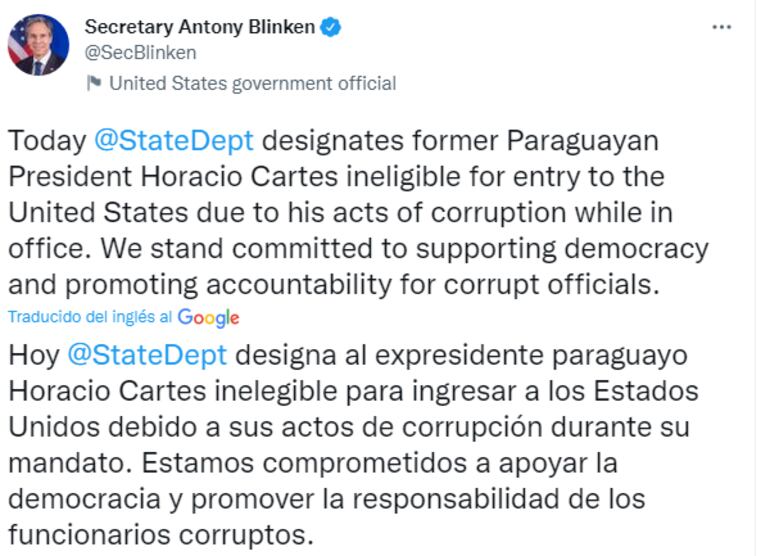 El tuit del secretario de Estado de los Estados Unidos, Antony Blinken.
