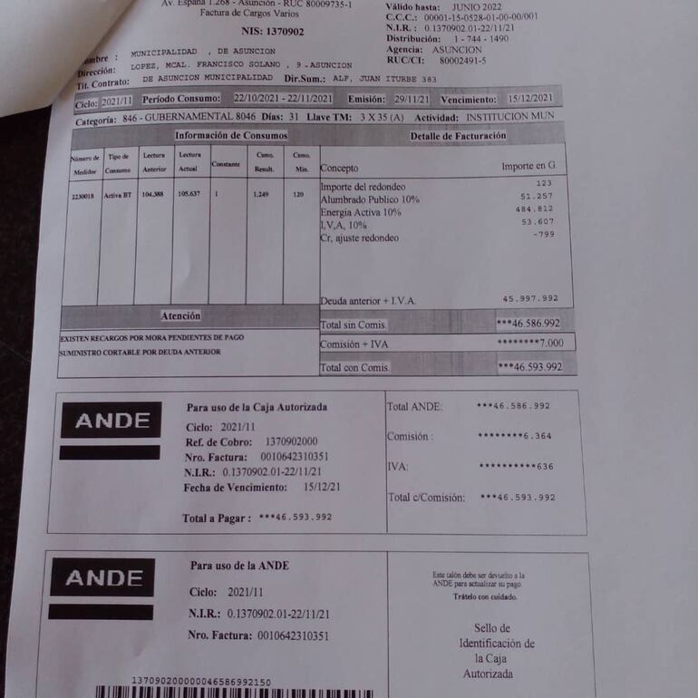 Factura de la ANDE donde se observa la deuda acumulada que alcanza poco más de G. 46 millones. (gentileza).