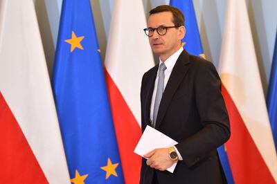 Warsaw (Poland), 15/11/2022.- Polish Prime Minister Mateusz Morawiecki attends a press conference at the Chancellery of the Prime Minister in Warsaw, Poland, 16 November 2022. Poland has decided to raise the readiness of some of its military forces and other uniformed services on its territory. The government has confirmed a blast that killed two people in a village in eastern Poland on 15 November that was caused by a Russian missile. (Polonia, Rusia, Ucrania, Varsovia) EFE/EPA/RADEK PIETRUSZKA POLAND OUT