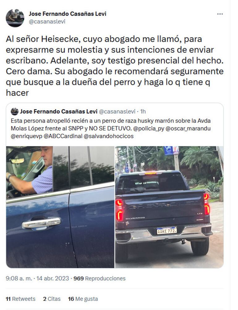 Segundo posteo de Casañas Levi, en el que cuenta que recibió el llamado del abogado del supuesto responsable.