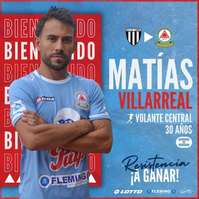 Con esta imagen, Resistencia anunció ayer la contratación del volante uruguayo Matías Villarreal.