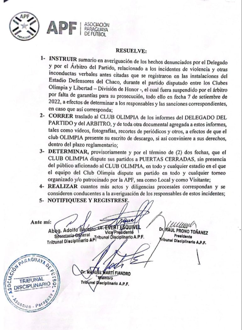 Determinaciones del Tribunal de la APF.