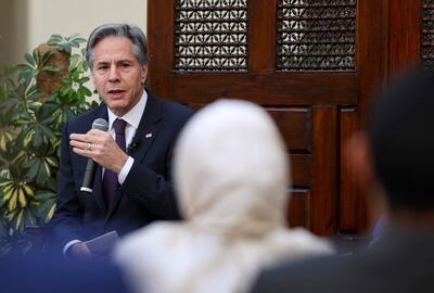 El Secretario de Estado de los Estados Unidos, Antony Blinken visita la Universidad Americana en la capital egipcia, El Cairo.