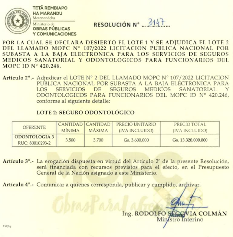 Resolución de adjudicación del seguro odontológico vip del MOPC.