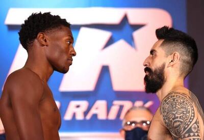 Jahi Tucker y Jorge “Dinamita” Sosa, en el pesaje del combate del día viernes. El paraguayo cayó por KOT en el segundo round.