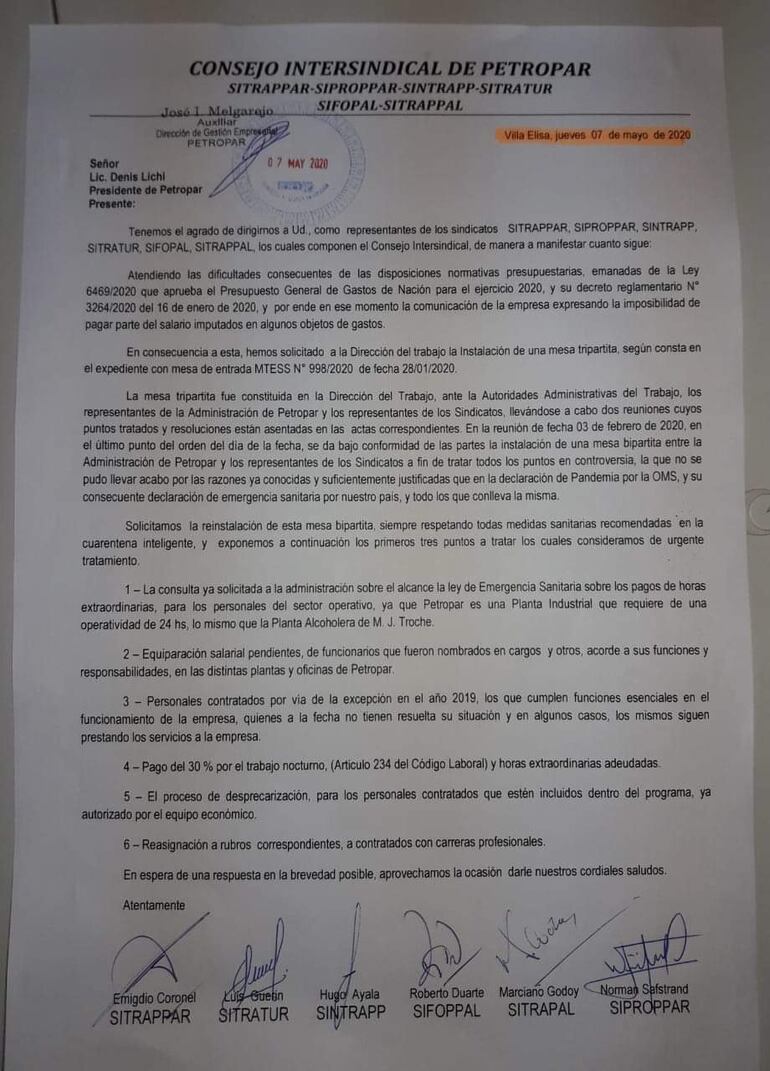 Nota presentada por los sindicalistas a la presidencia de Petropar.
