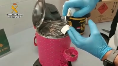 Paquetes de estupefacientes encontrados por la Guardia Civil Española dentro de termos enviados desde Paraguay.