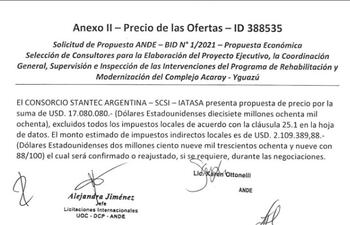 Parte del acta de apertura donde se constata que la oferta es de US$ 19.189.469 al sumar el precio más los impuestos.