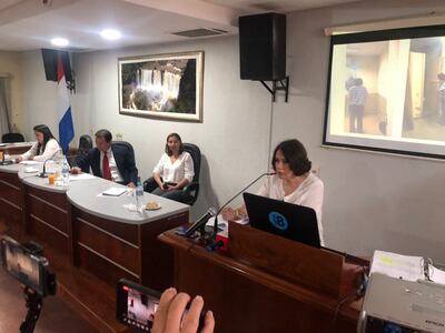La concejal Sandra Miranda durante su exposición en la plenaria de la Junta Departamental de Alto Paraná.