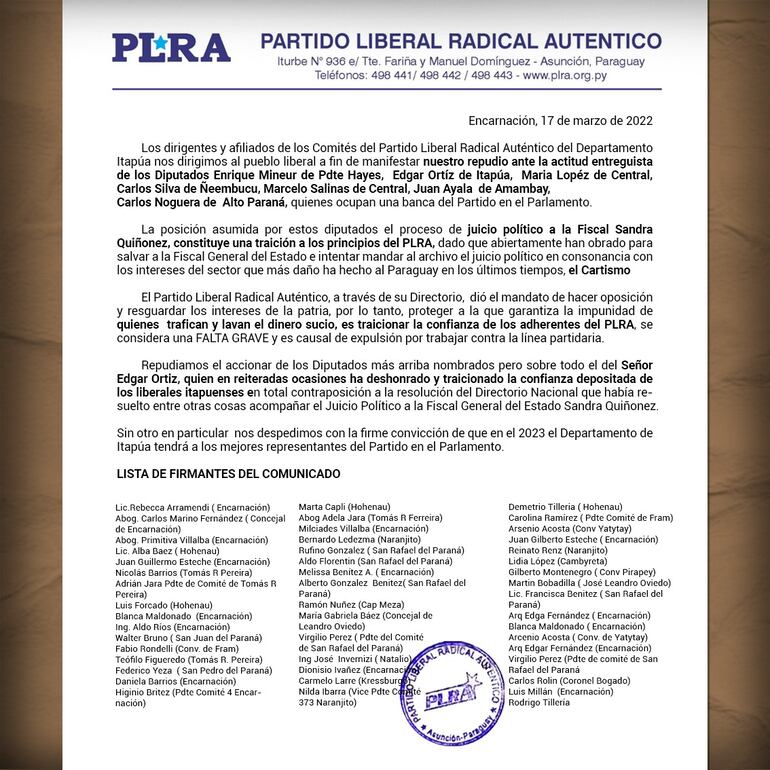 Carta de repudio de liberales de Itapúa contra siete diputados contrarios de enjuiciar a la FGE, Sandra Quiñonez. (gentileza).