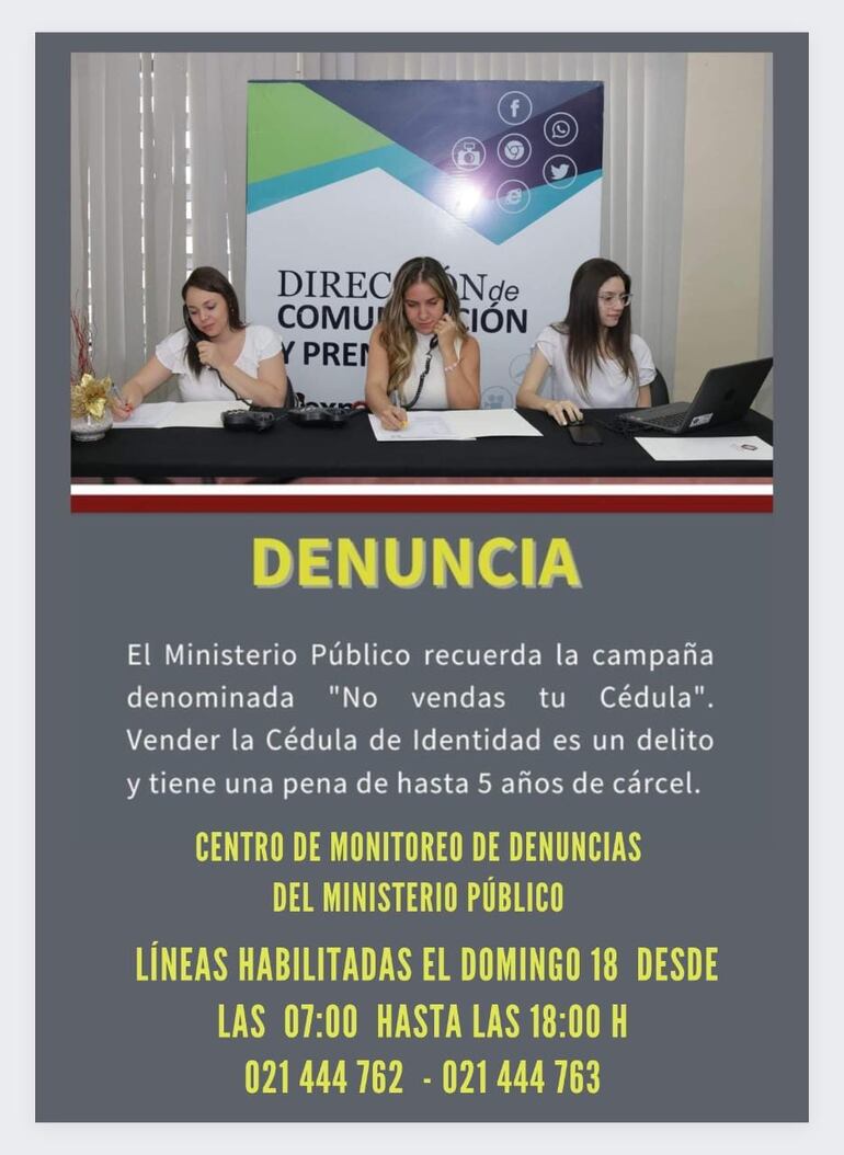 Flyer de la fiscalía sobre campaña de no vender la cédula en estas elecciones. (gentileza).