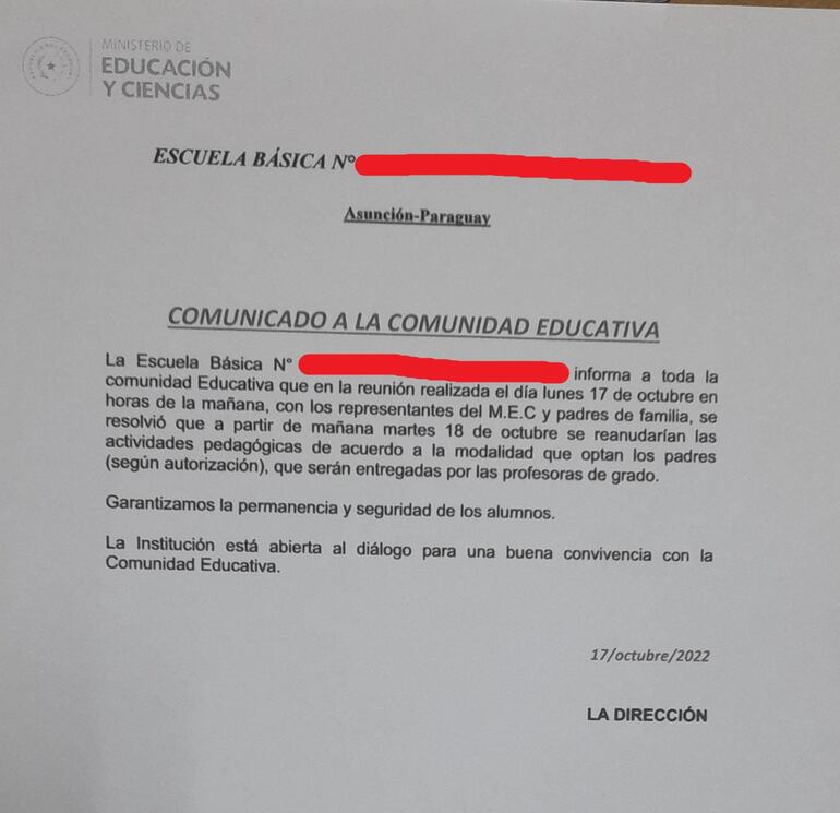 Comunicado de la escuela sobre reanudación de actividades que deja a criterio de cada padre decidir la modalidad
