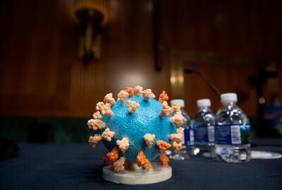 Detalle de una maqueta del coronavirus COVID-19.