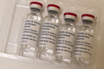 Vials of the AstraZeneca/Oxford Covid-19 vaccine, destined for housebound patients, are pictured at Stubley Medical Centre near Chesterfield, central England on April 14, 2021. - Prime Minister Boris Johnson has said that the UK had passed "another hugely significant milestone" after confirming a jab had been offered to all over-50s, the clinically vulnerable and health and social care workers, ahead of a self-imposed April 15 deadline. (Photo by OLI SCARFF / AFP)