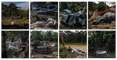 Una imagen compuesta de fotografías tomadas entre el 20 y el 22 de diciembre de 2021 muestra automóviles dañados afectados por inundaciones en Hulu Langat, cerca de Kuala Lumpur, Malasia.