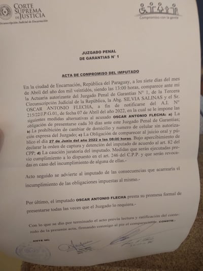 El querellado, Oscar Flecha, se presentó a juicio oral en base a una obligación impuesta por el Juzgado de Garantías número 1, pero no hubo juicio. Ni siquiera hubo notificaciones, afirmó el abogado de la querella, Miguel Oscar Leiva.