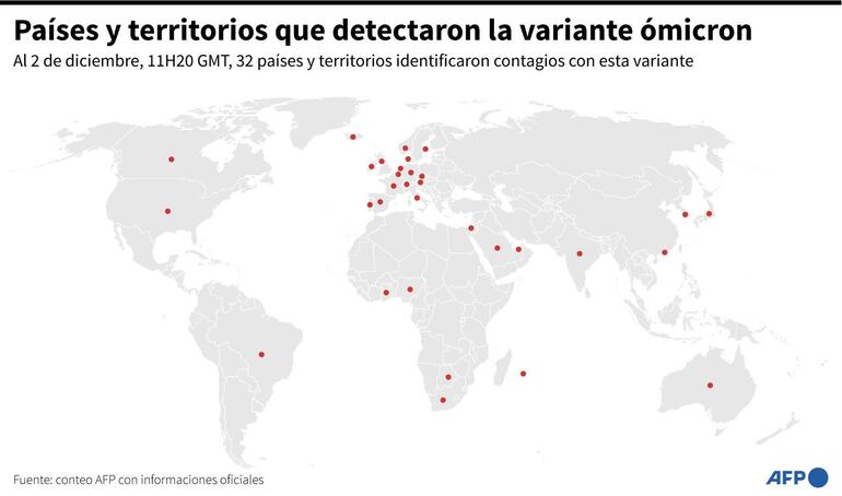 Países y territorios que detectaron la variante ómicron del coronavirus.