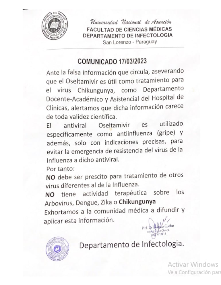 El Departamento de Infectología del Hospital de Clínicas, emitió un comunicado para advertir sobre el consumo de la droga oseltamivir. La medicina solo es útil contra la influenza, dicen.