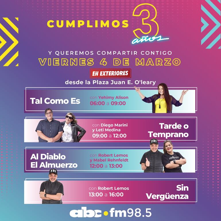 Mañana toda la programación de la 98.5 será desde exteriores, porque ABC FM celebrará sus tres años muy cerca de sus oyentes. (Gentileza/Marketing ABC)