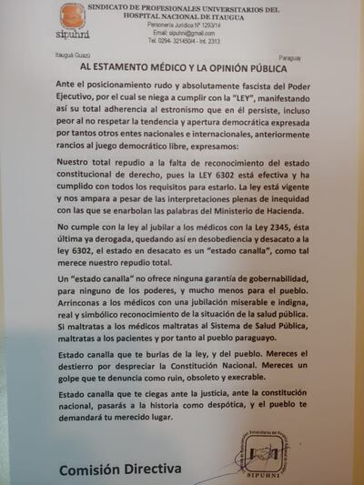 Comunicado de médicos del Sipuhni
