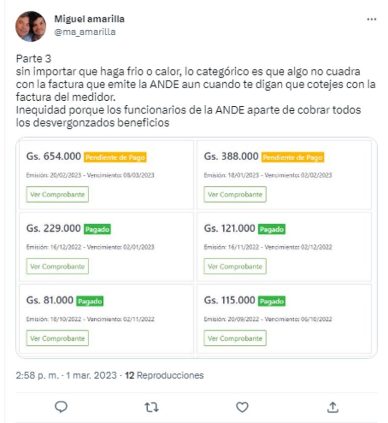 Llueven quejas de presunta sobrefacturación de la ANDE en el mes pasado.