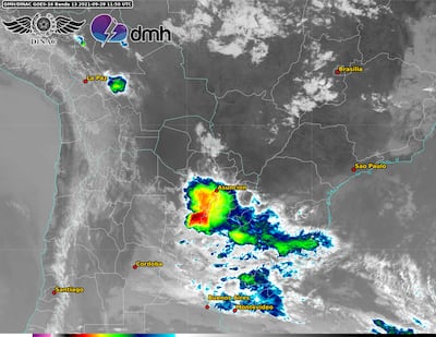 Imagen satelital que muestra los núcleos de tormentas sobre el suroeste del país.