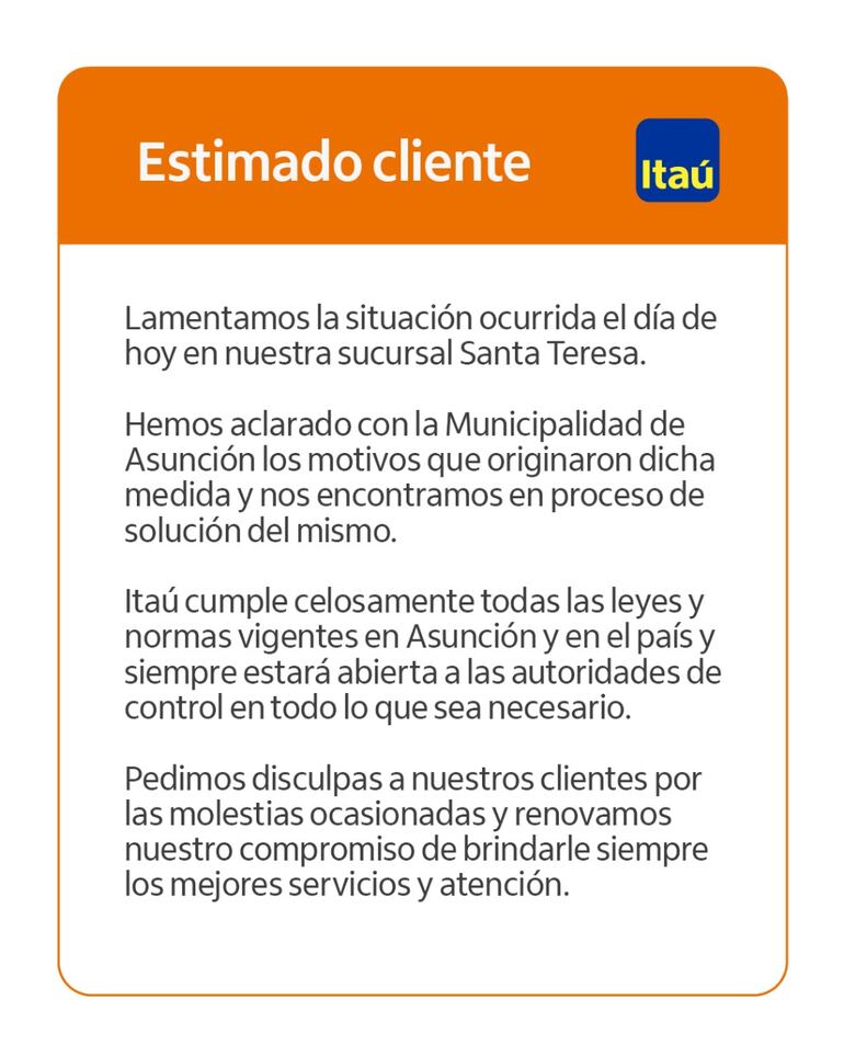 Comunicado del Banco Itaú.
