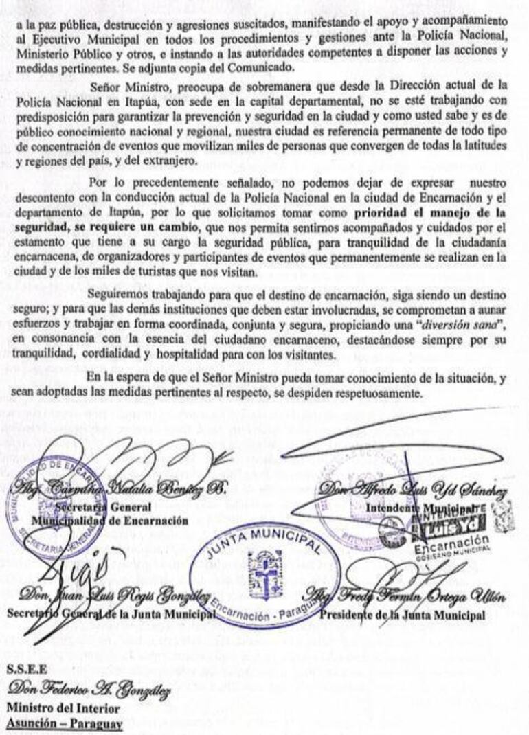 Nota de reclamo remitida por la Municipalidad de Encarnación al ministerio de Interior, tras los sucedos del sábado.