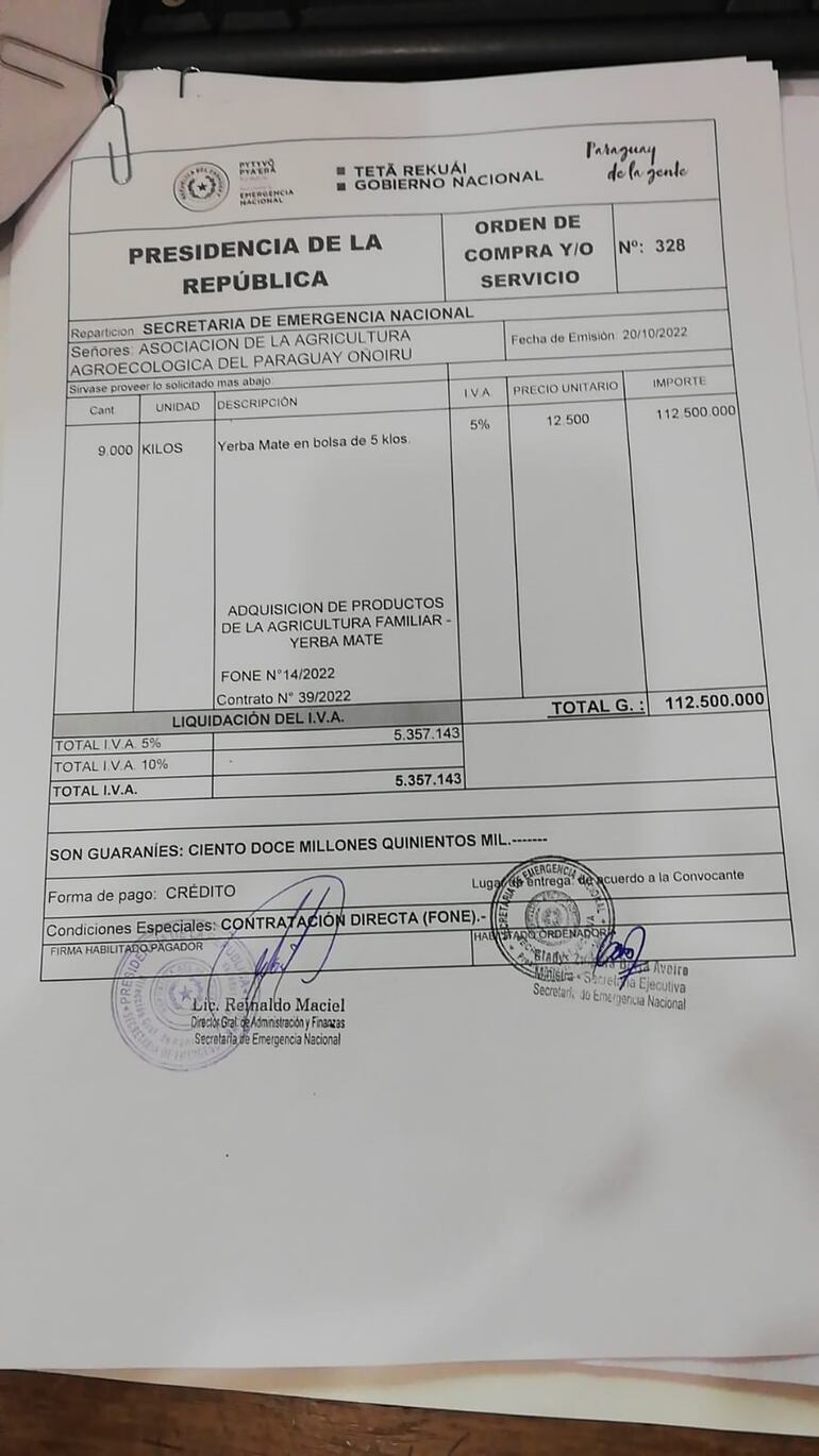 Documento de Presidencia de la República sobre realización de compra pública.