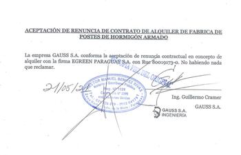 Documento de aceptación de renuncia de contrato entre Egreen Paraguay S.A. y GAUSS S.A.