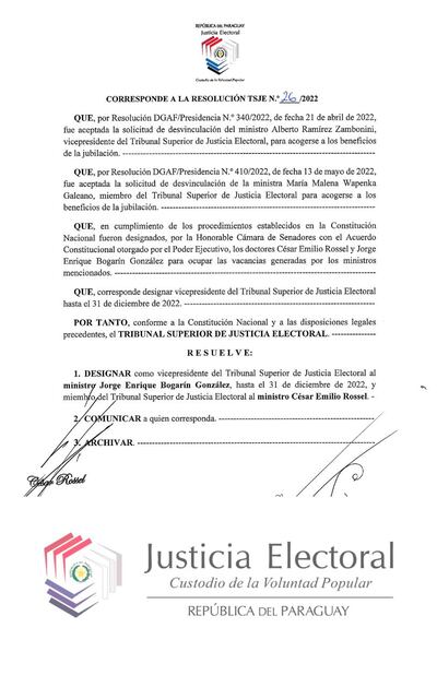 Resolución de designación de Jorge Bogarín González como vicepresidente del TSJE.