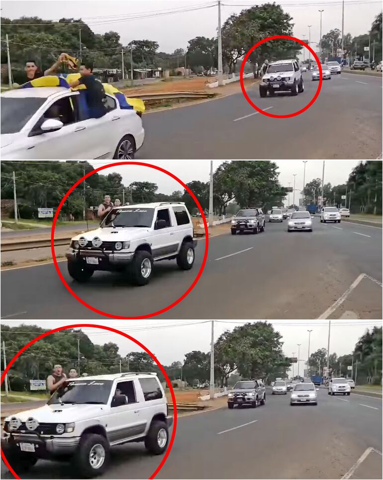 La camioneta Mitsubishi Pajero blanca fue filmada saliendo de Luque en medio de la caravana de la barra Chancholigans.