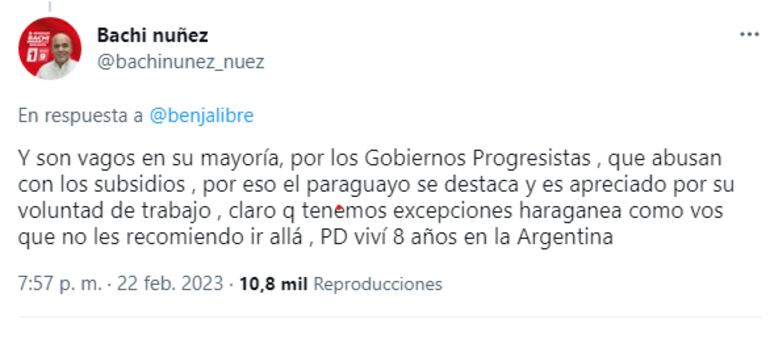 El diputado Basilio "Bachi" Núñez (ANR, HC) insistió con los descalificativos contra los argentinos, que lo acogieron y le dieron educación terciaria.