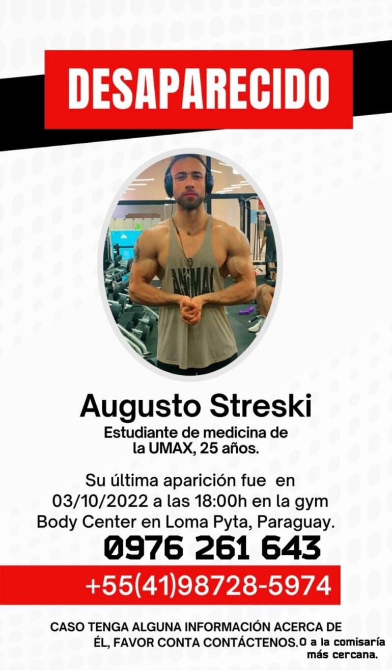 Familiares y demás allegados compartieron a través de las redes sociales dos "flayers" sobre la desaparición del joven brasileño de 25 años con números telefónicos para contactar con ellos.